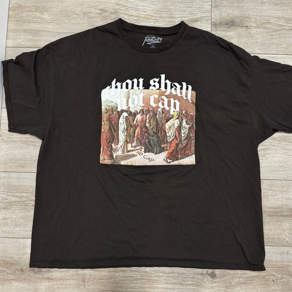 Y2k Popular Poison Thou Shall Not Cap Graphic T-Shirt Brown Mens 3XL Funny Tee